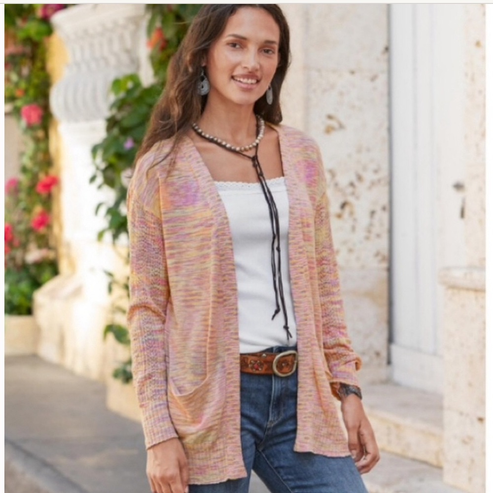 Sundance long sleeved pink orange cotton marled knit open cardigan w/pockets LP